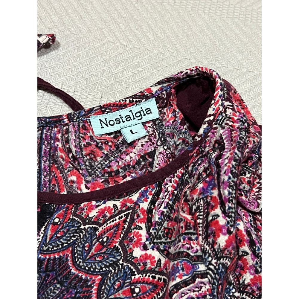 Nostalgia Burgundy Paisley Print Boho Flutter Sleeve Tunic Womens Large Blouse - Picture 4 of 5